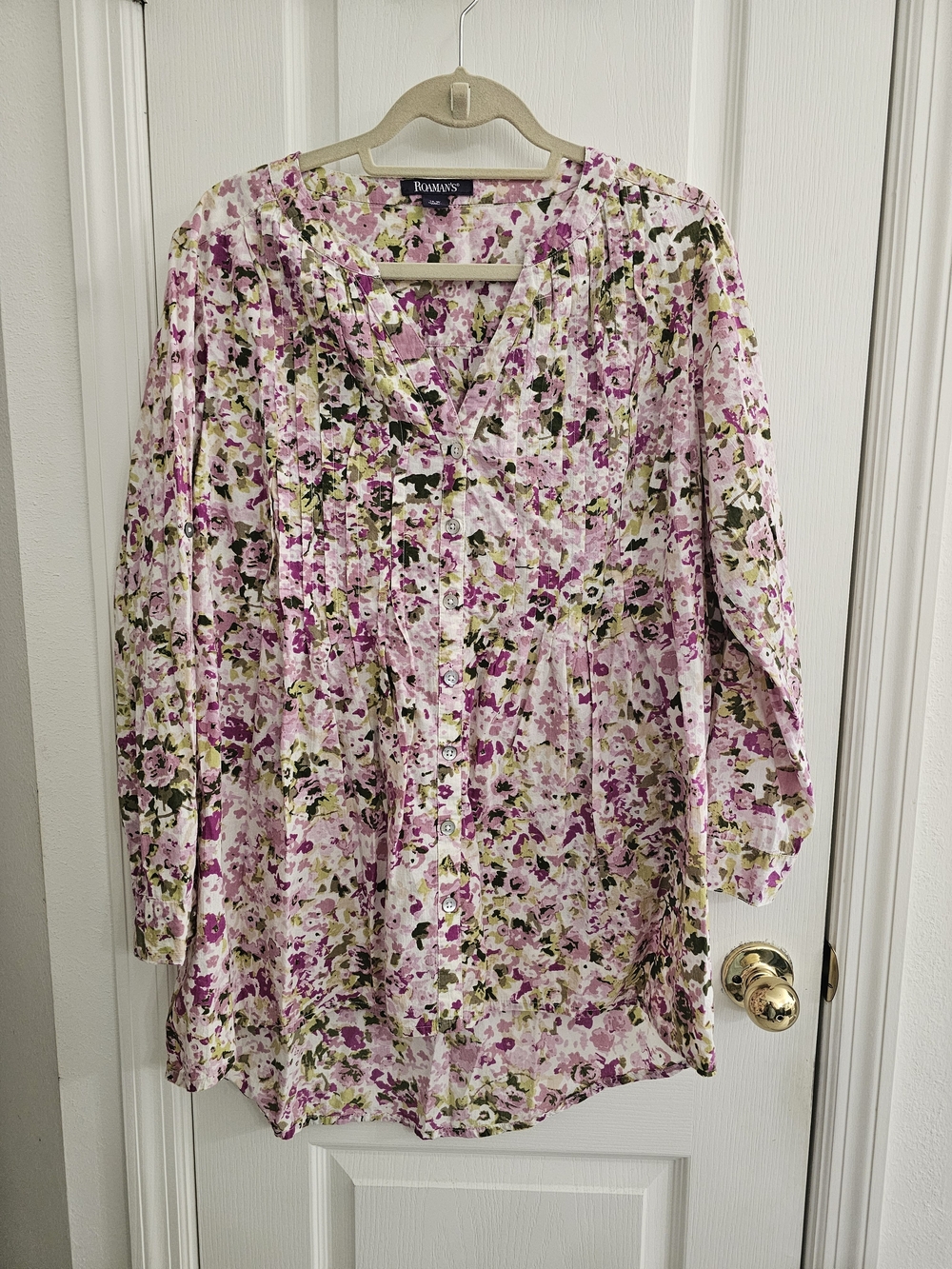 Roaman's Pink Floral Button-Down Tunic 100% Cotton